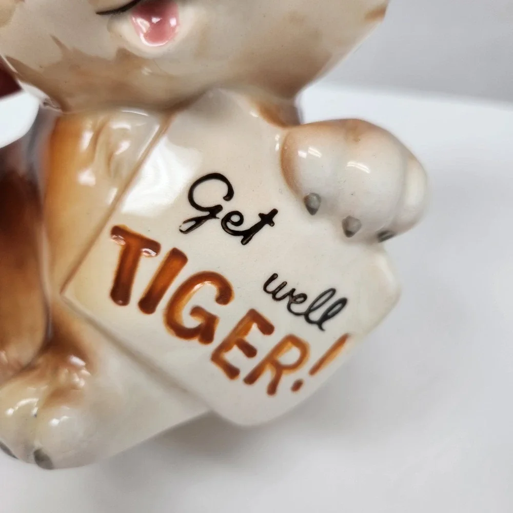 Vintage Lefton Tiger Green Eyes Ceramic Planter Get well 7